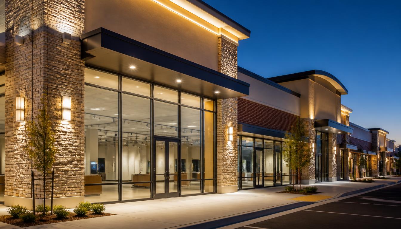 Retail shopping center storefront with warm LED canopy and facade lighting