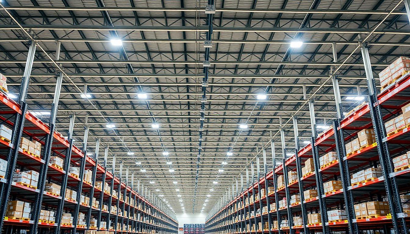 Interior of a large warehouse with high-bay LED lighting illuminating tall industrial shelving