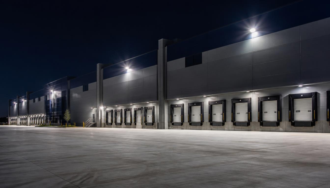 Large distribution warehouse with bright LED floodlights and loading dock lighting at night