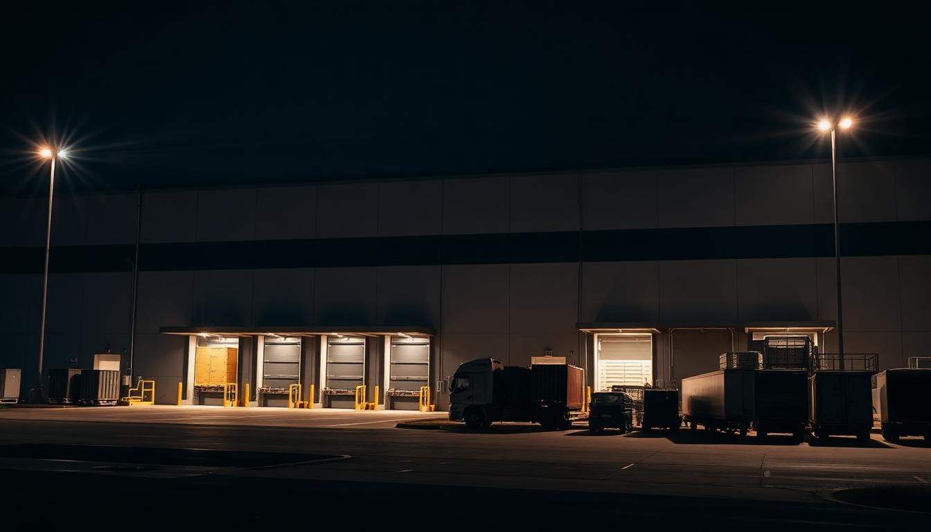 Industrial manufacturing facility exterior at night with powerful LED floodlights