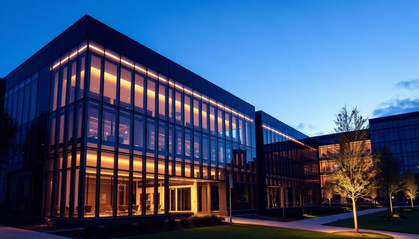 Class-A office building with warm LED soffit lighting along the roofline at twilight