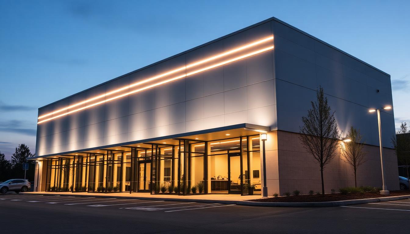 Professional office entrance with linear LED facade lighting and parking area lights