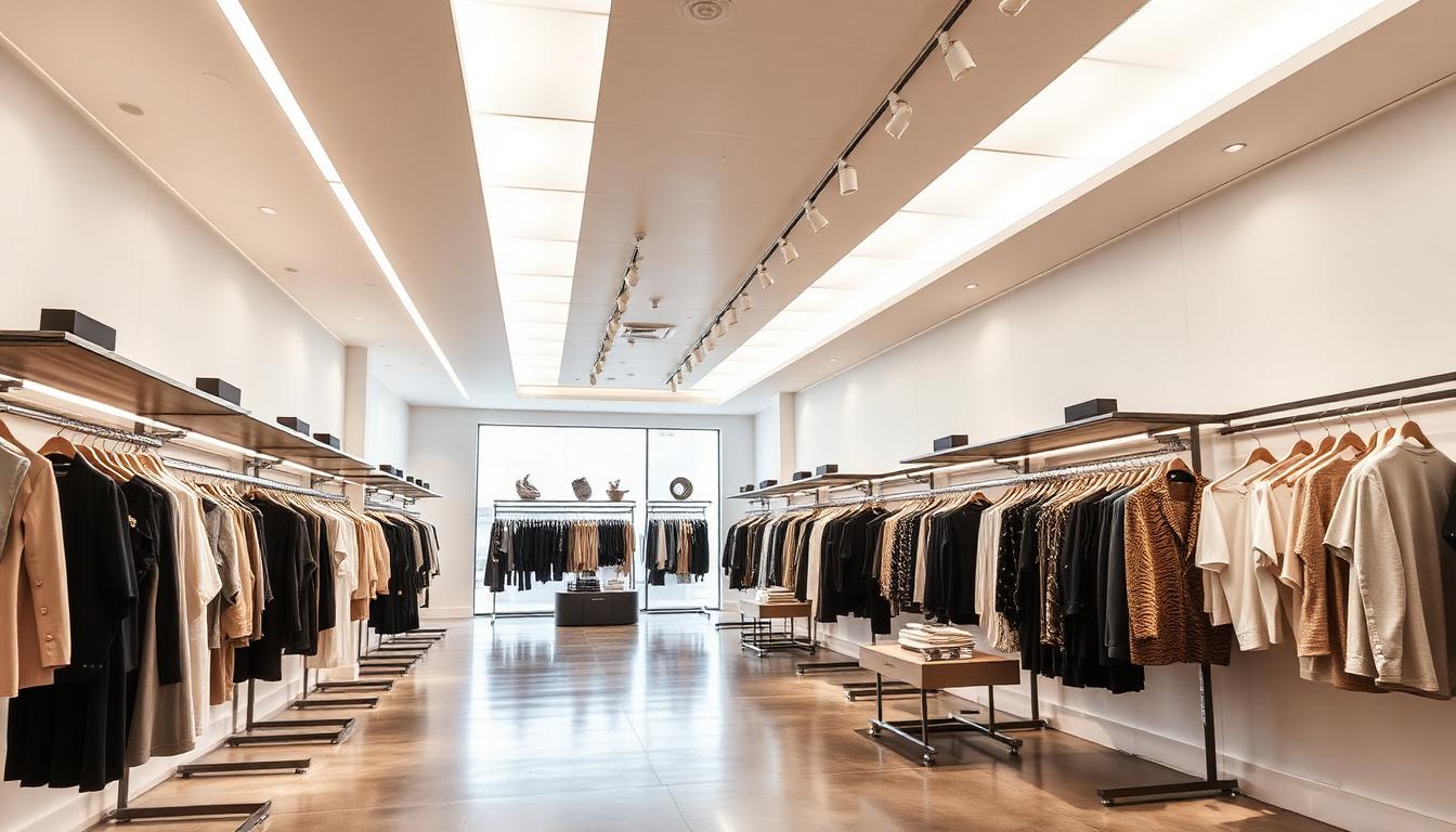 Interior of an upscale retail boutique with bright LED track and panel lighting