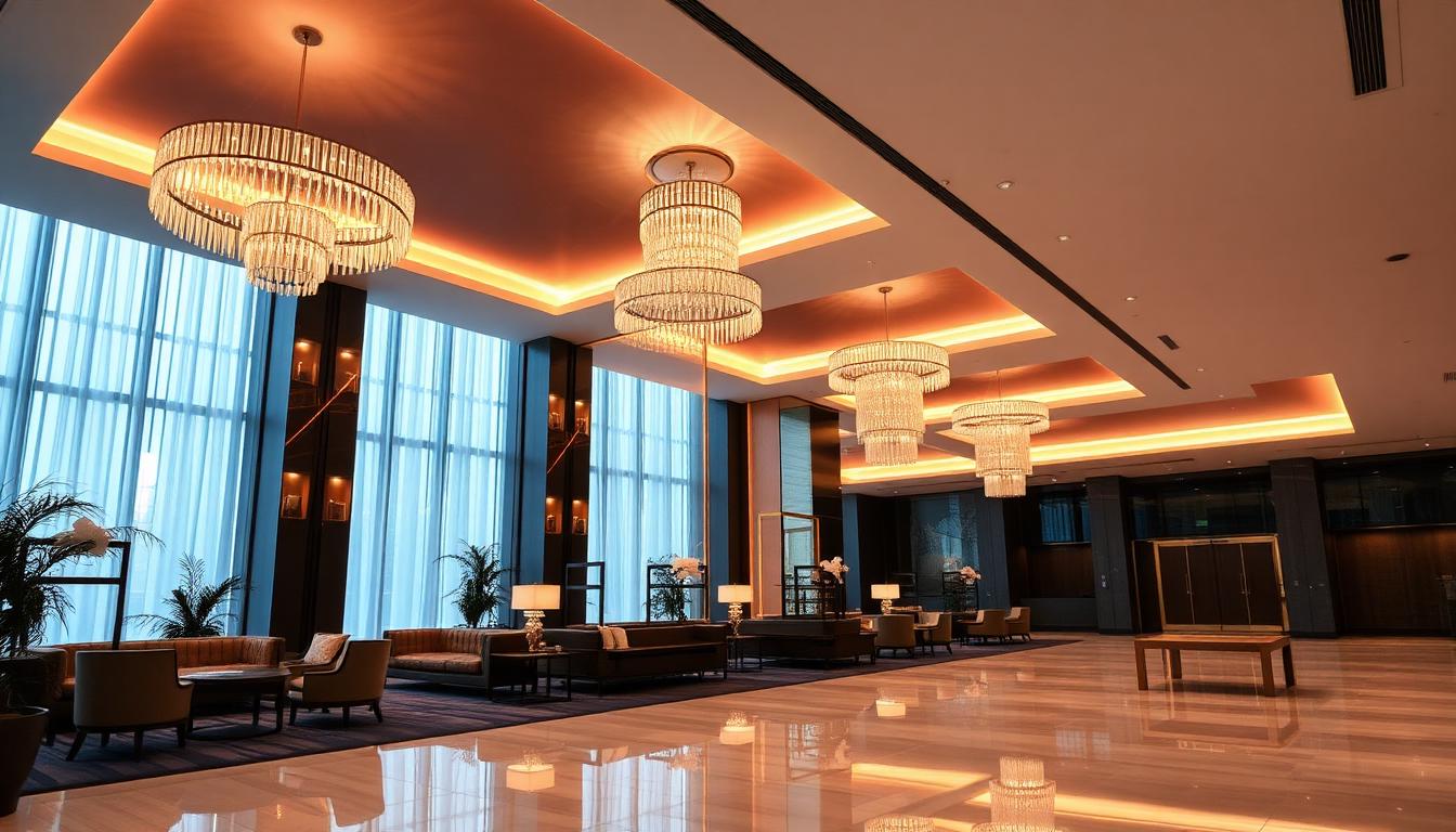 Elegant hotel lobby interior with crystal chandeliers and warm LED cove lighting