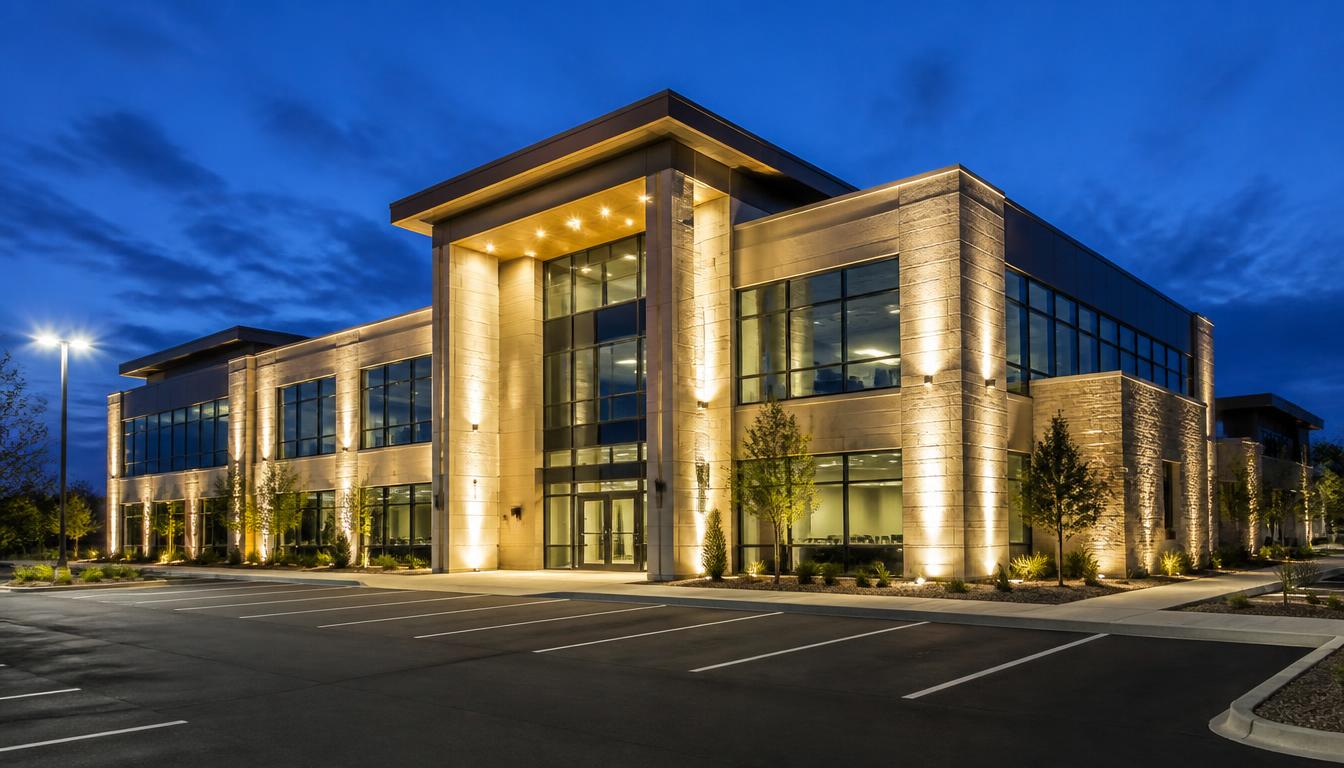 Modern office building illuminated with energy-efficient LED exterior lighting at dusk