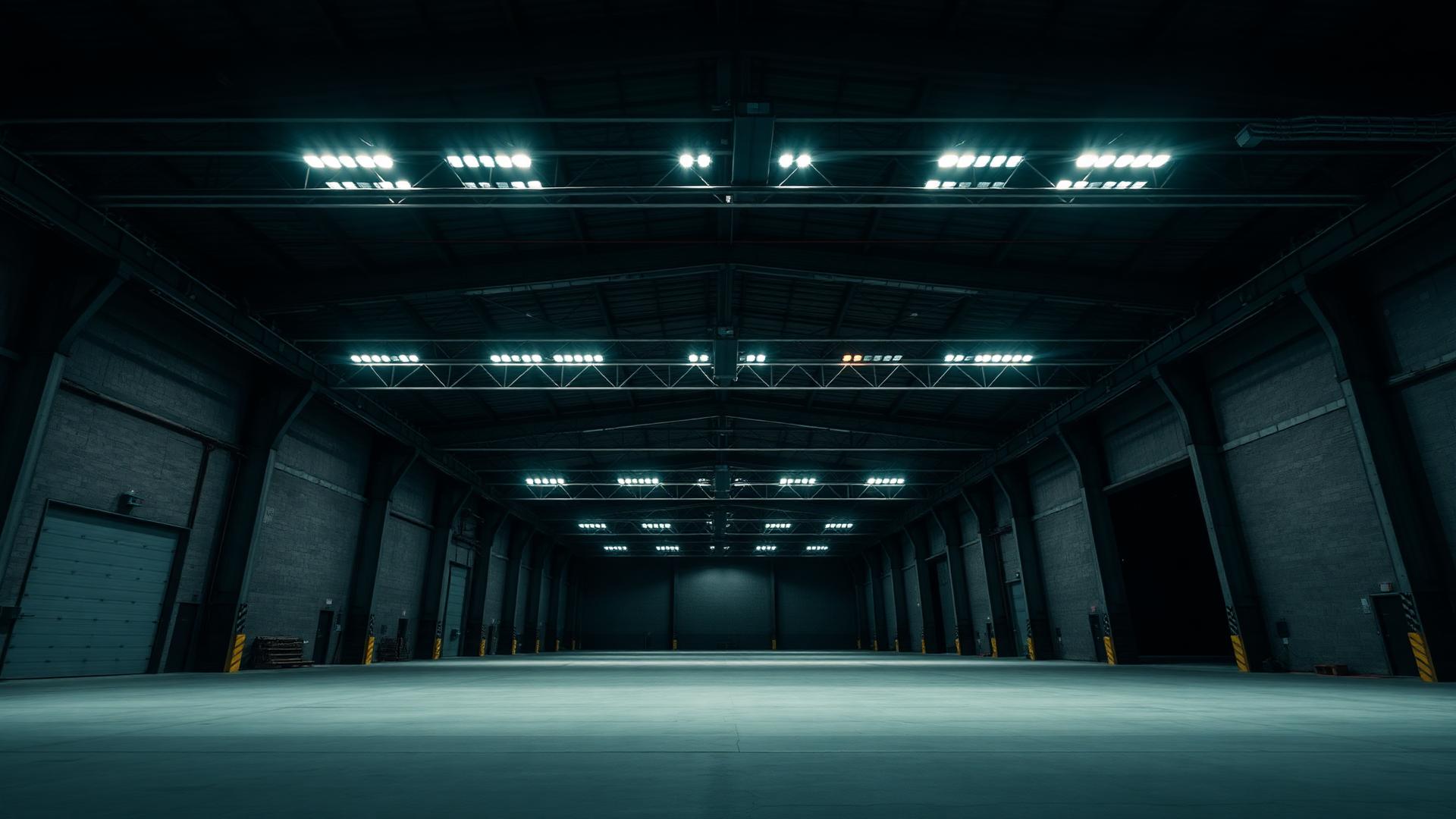 Commercial warehouse illuminated by high-bay LED lighting